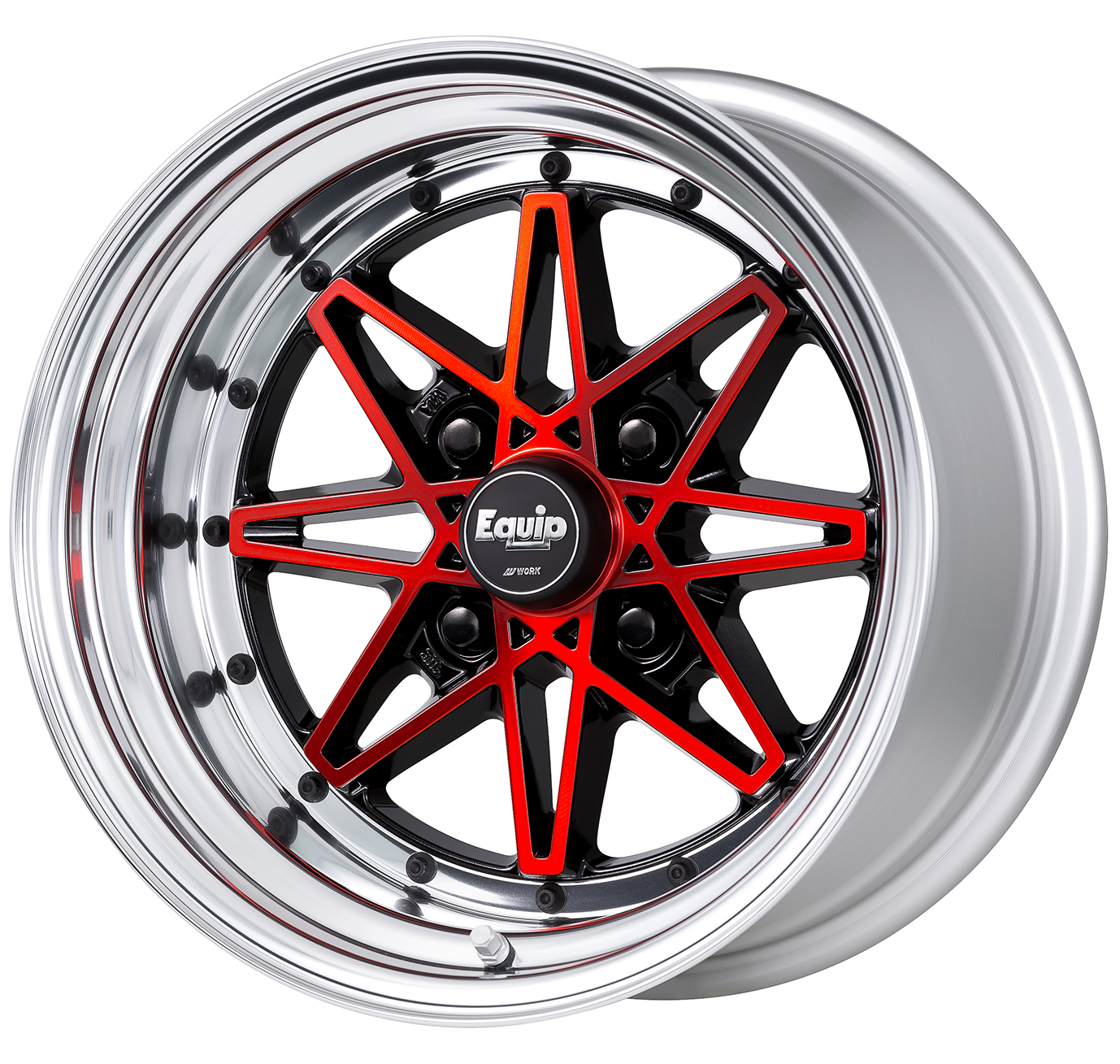 ■Size: 15-inch<br />
■Disc: Black/Clear Red (Custom)<br />
■Rim: Normal (Shape)/Buffed Anodized (Standard)<br />
■Center Cap: High Type (Standard)