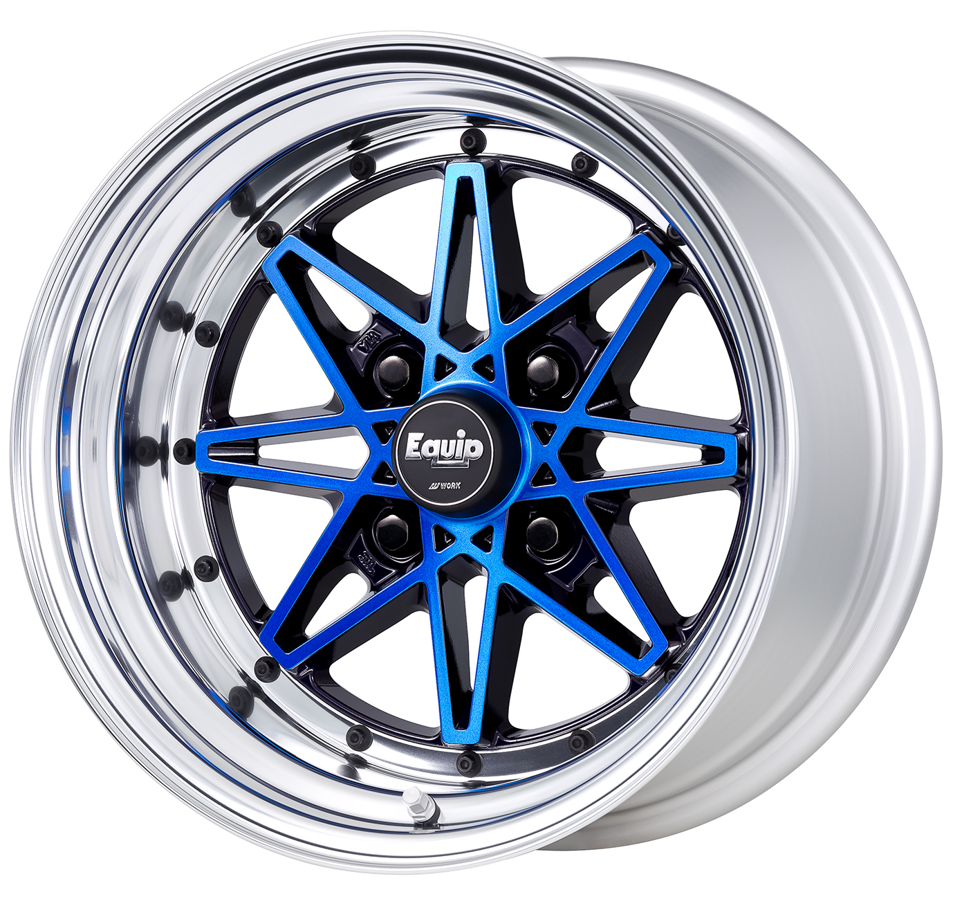 ■Size: 15-inch<br />
■Disc: Black/Clear Blue (Custom)<br />
■Rim: Normal (Shape)/Buffed Anodized (Standard)<br />
■Center Cap: High Type (Standard)