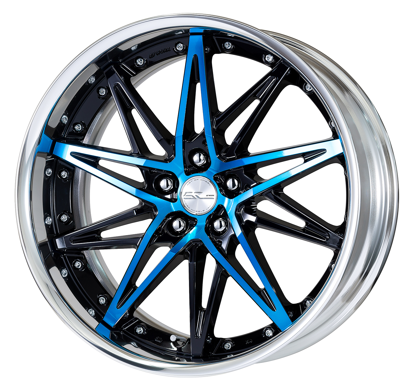 ■Size: 20-inch<br />
■Disc: Black/Clear Blue (Custom)<br />
■Rim: Full Reverse (Shape)/Buff Anodized (Standard)<br />
■Center Cap: Spin (Standard)