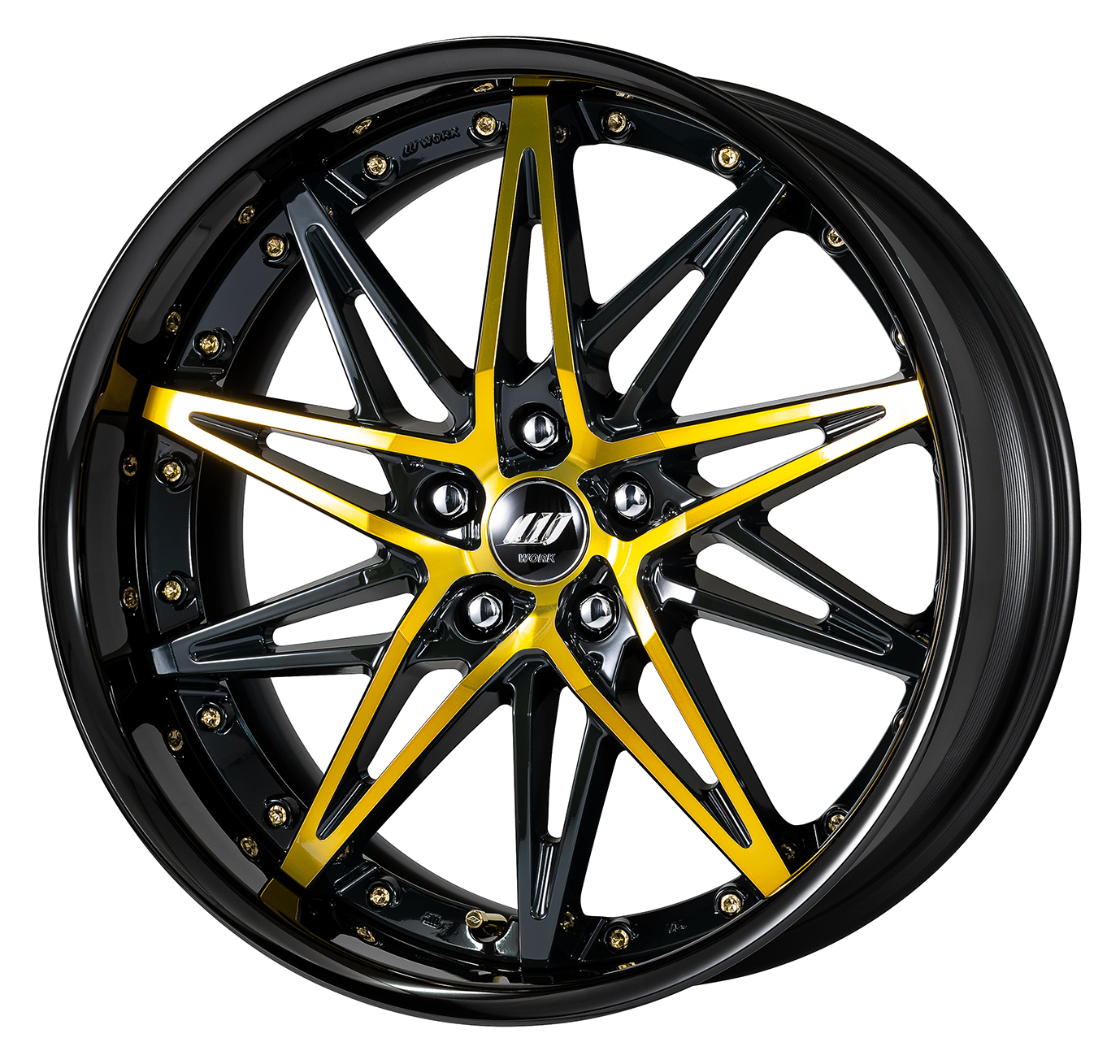 ■Size: 20-inch<br />
■Disc: Black/Imperial Gold (Custom)<br />
■Rim: Full Reverse (Shape)/Black Anodized (Custom)<br />
■Center Cap: Black with Double Emblem (Optional)<br />
■Piercing Bolt: Gold Piercing Bolt (Custom)<br />
■Air Valve: Gold Air Valve (Custom)